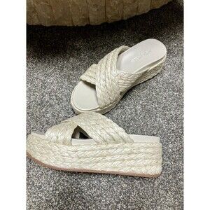 J/Slides Womens Sz 6 QUIVER Open Toe Straps Platform Slides Straw Sandals‎ Beige